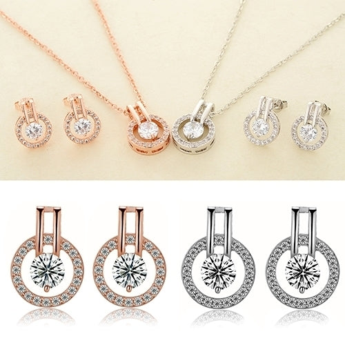 Womens Zircon Round Pendent Choker Chain Necklace Earrings Wedding Jewelry Set Image 4