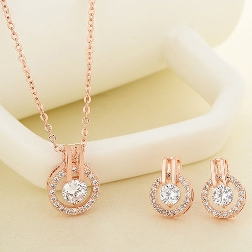 Womens Zircon Round Pendent Choker Chain Necklace Earrings Wedding Jewelry Set Image 6