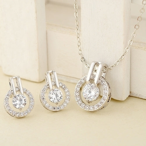 Womens Zircon Round Pendent Choker Chain Necklace Earrings Wedding Jewelry Set Image 7