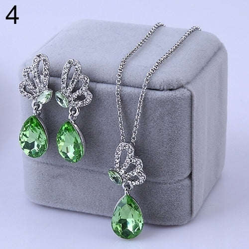 Womens Butterfly Rhinestone Crystal Pendant Necklace Drop Earrings Jewelry Set Image 11