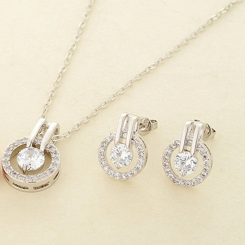 Womens Zircon Round Pendent Choker Chain Necklace Earrings Wedding Jewelry Set Image 9