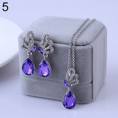 Womens Butterfly Rhinestone Crystal Pendant Necklace Drop Earrings Jewelry Set Image 12