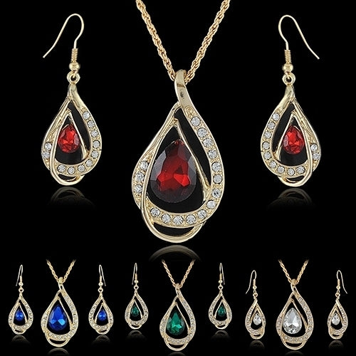 Banquet Party Jewelry Set Waterdrop Crystal Stone Earrings Pendant Necklace Golden Chain Image 1