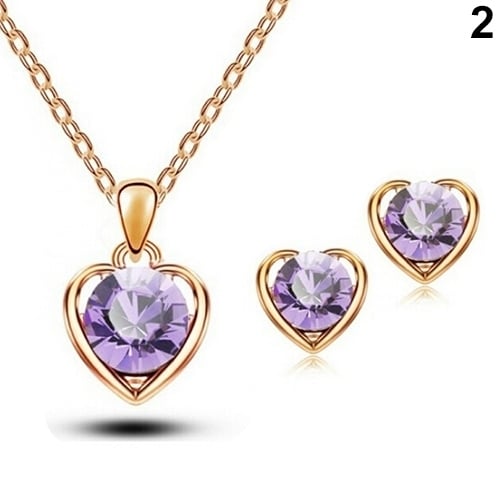 Womens Fashion Jewelry Heart Crystal Pendant Necklace Ear Studs Earrings Set Image 1