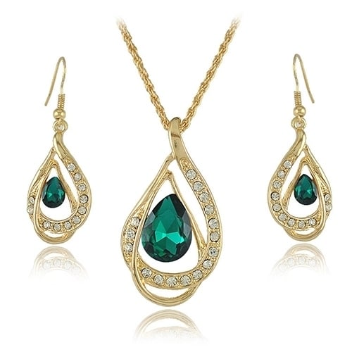 Banquet Party Jewelry Set Waterdrop Crystal Stone Earrings Pendant Necklace Golden Chain Image 1