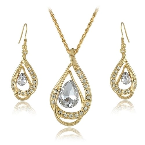 Banquet Party Jewelry Set Waterdrop Crystal Stone Earrings Pendant Necklace Golden Chain Image 4