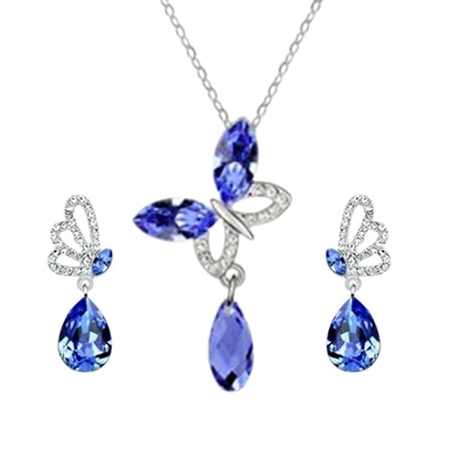 Women Cocktail Crystal Butterfly Cubic Zirconia Necklace Stud Earrings Jewelry Set Image 6