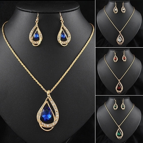 Banquet Party Jewelry Set Waterdrop Crystal Stone Earrings Pendant Necklace Golden Chain Image 6