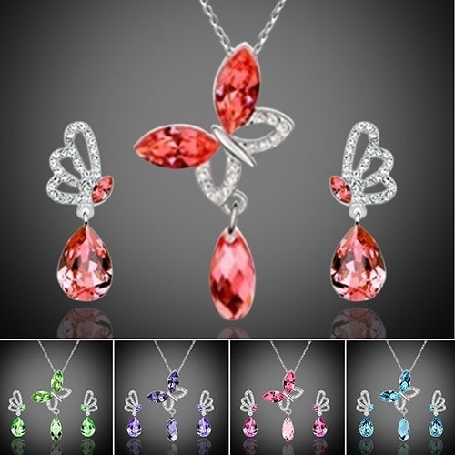 Women Cocktail Crystal Butterfly Cubic Zirconia Necklace Stud Earrings Jewelry Set Image 7