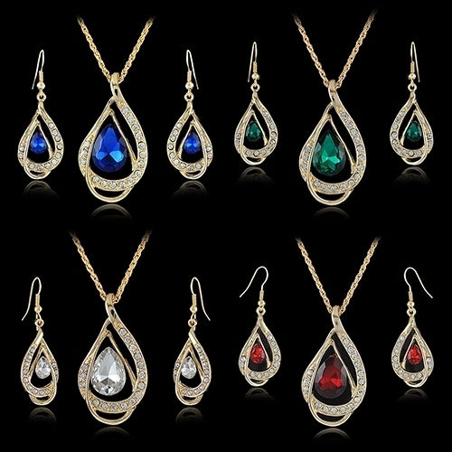 Banquet Party Jewelry Set Waterdrop Crystal Stone Earrings Pendant Necklace Golden Chain Image 7