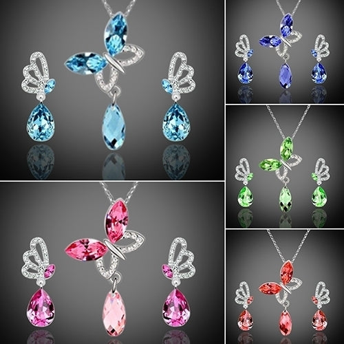 Women Cocktail Crystal Butterfly Cubic Zirconia Necklace Stud Earrings Jewelry Set Image 8