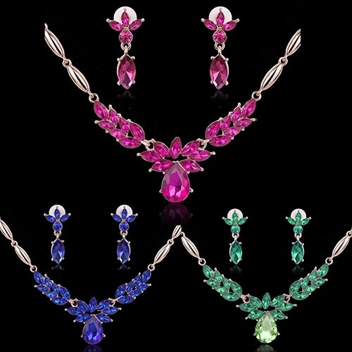 Womens Rhinestone Flower Pendant Alloy Necklace Earrings Wedding Jewelry Set Image 4