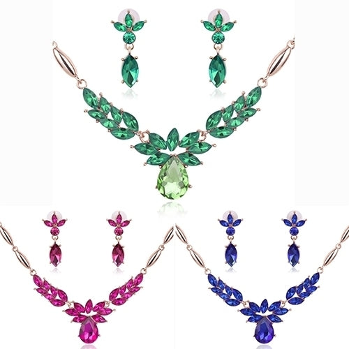 Womens Rhinestone Flower Pendant Alloy Necklace Earrings Wedding Jewelry Set Image 4