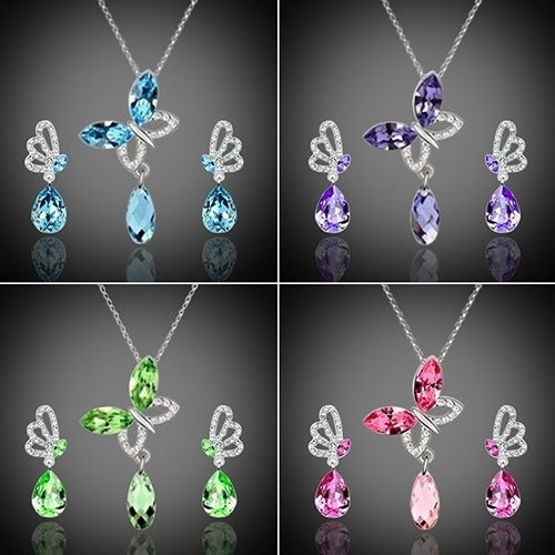 Women Cocktail Crystal Butterfly Cubic Zirconia Necklace Stud Earrings Jewelry Set Image 9