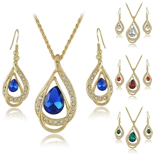 Banquet Party Jewelry Set Waterdrop Crystal Stone Earrings Pendant Necklace Golden Chain Image 9