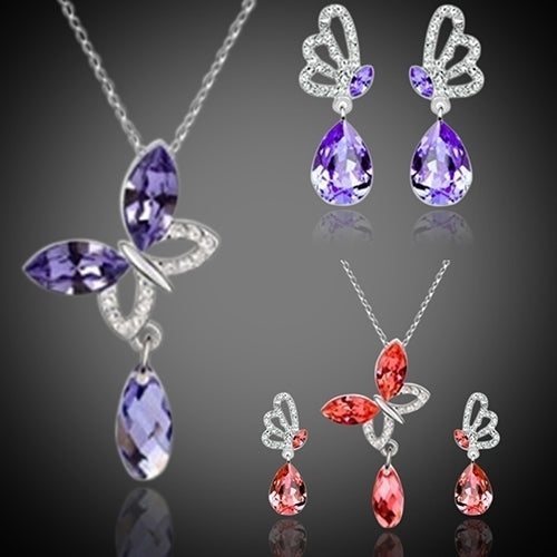 Women Cocktail Crystal Butterfly Cubic Zirconia Necklace Stud Earrings Jewelry Set Image 10