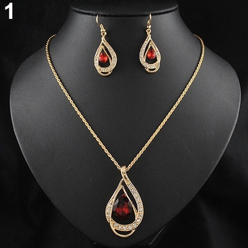 Banquet Party Jewelry Set Waterdrop Crystal Stone Earrings Pendant Necklace Golden Chain Image 10