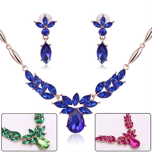 Womens Rhinestone Flower Pendant Alloy Necklace Earrings Wedding Jewelry Set Image 7