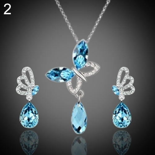 Women Cocktail Crystal Butterfly Cubic Zirconia Necklace Stud Earrings Jewelry Set Image 12