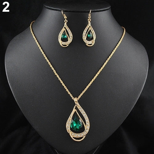Banquet Party Jewelry Set Waterdrop Crystal Stone Earrings Pendant Necklace Golden Chain Image 11