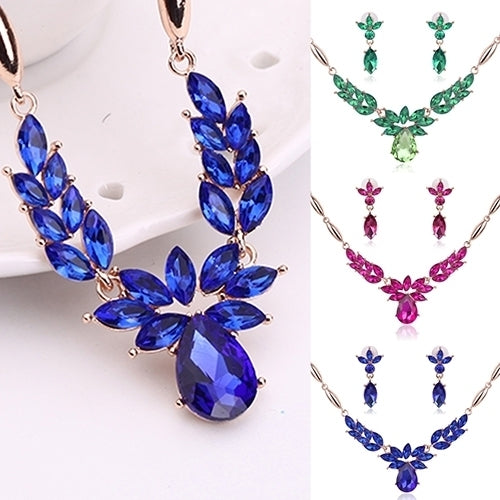 Womens Rhinestone Flower Pendant Alloy Necklace Earrings Wedding Jewelry Set Image 8