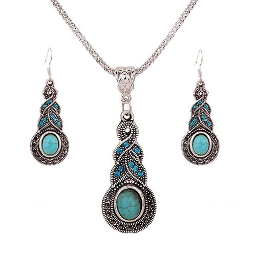 Womens Unique Retro Turquoise Pendant Rhinestone Earrings Necklace Jewelry Set Image 1