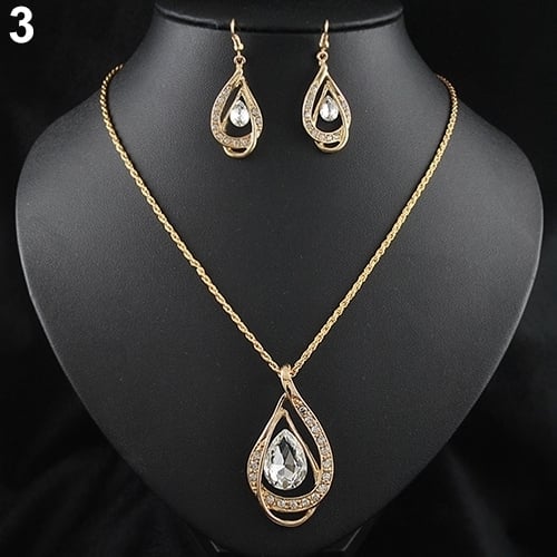 Banquet Party Jewelry Set Waterdrop Crystal Stone Earrings Pendant Necklace Golden Chain Image 12