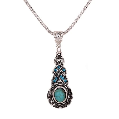 Womens Unique Retro Turquoise Pendant Rhinestone Earrings Necklace Jewelry Set Image 3