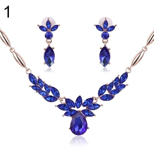 Womens Rhinestone Flower Pendant Alloy Necklace Earrings Wedding Jewelry Set Image 11