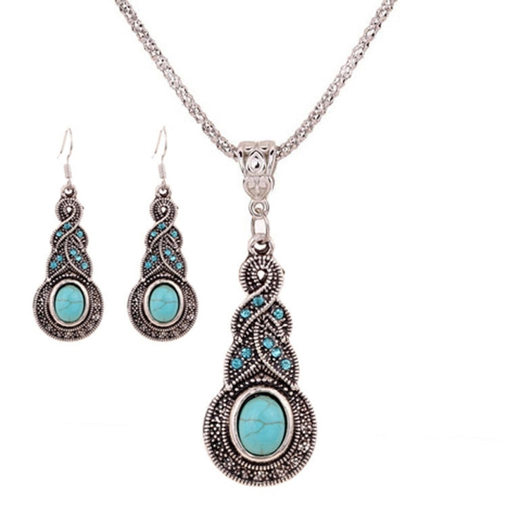 Womens Unique Retro Turquoise Pendant Rhinestone Earrings Necklace Jewelry Set Image 4