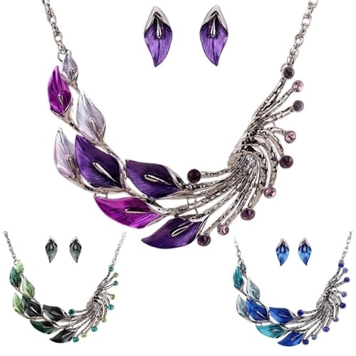 Retro Tibetan Leaf Peacock Crystal Rhinestone Drop Earrings Short Necklace Set Image 1