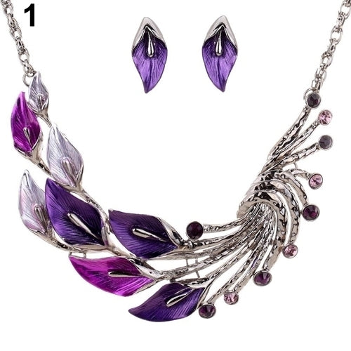 Retro Tibetan Leaf Peacock Crystal Rhinestone Drop Earrings Short Necklace Set Image 2