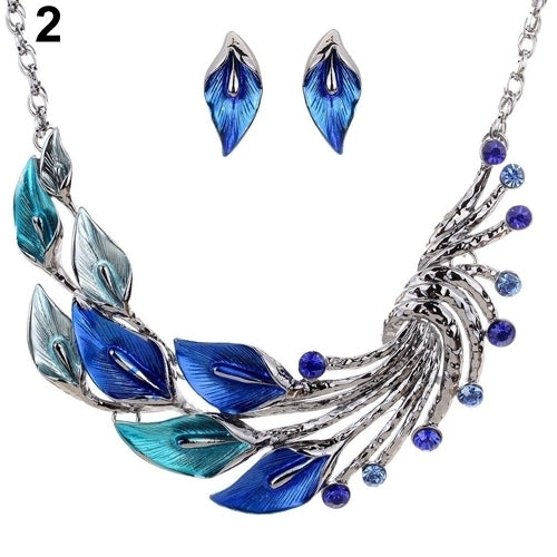 Retro Tibetan Leaf Peacock Crystal Rhinestone Drop Earrings Short Necklace Set Image 3