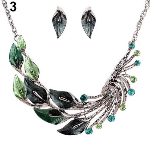 Retro Tibetan Leaf Peacock Crystal Rhinestone Drop Earrings Short Necklace Set Image 4