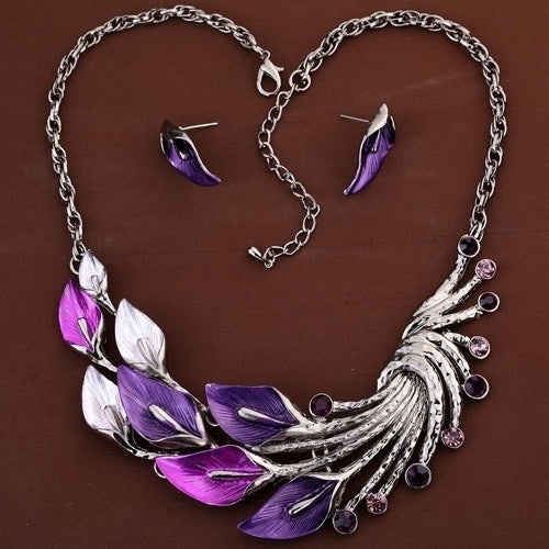 Retro Tibetan Leaf Peacock Crystal Rhinestone Drop Earrings Short Necklace Set Image 4