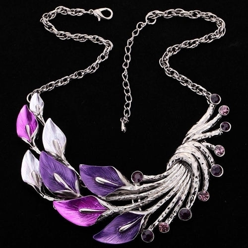 Retro Tibetan Leaf Peacock Crystal Rhinestone Drop Earrings Short Necklace Set Image 6