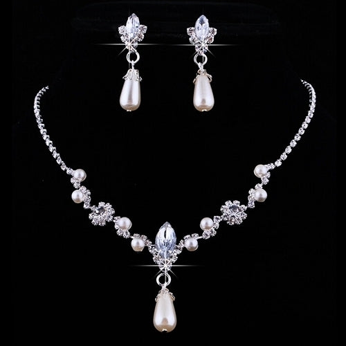 Bridal Wedding Imitation Pearl Rhinestone Necklace Water Drop Earrings Set Image 1