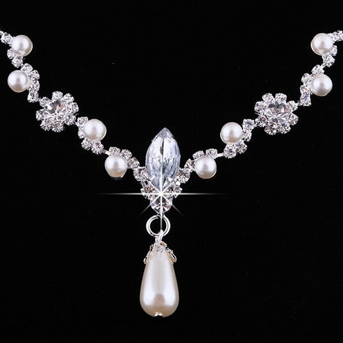 Bridal Wedding Imitation Pearl Rhinestone Necklace Water Drop Earrings Set Image 2