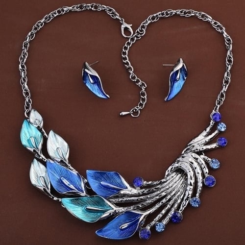 Retro Tibetan Leaf Peacock Crystal Rhinestone Drop Earrings Short Necklace Set Image 9