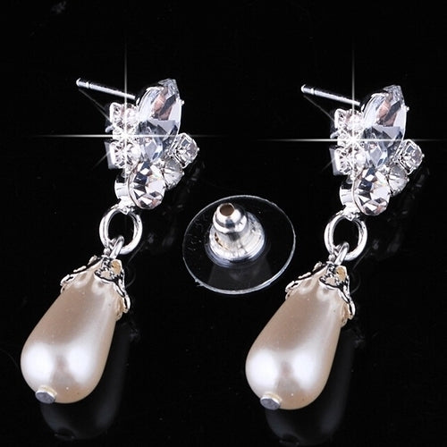 Bridal Wedding Imitation Pearl Rhinestone Necklace Water Drop Earrings Set Image 3