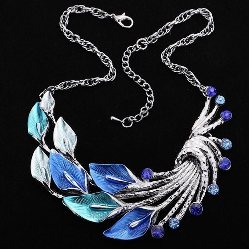 Retro Tibetan Leaf Peacock Crystal Rhinestone Drop Earrings Short Necklace Set Image 10