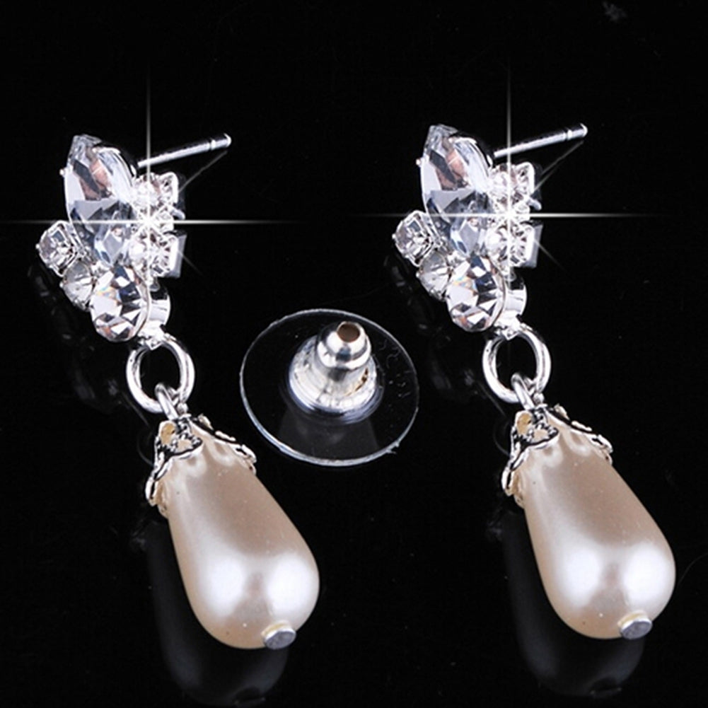 Bridal Wedding Imitation Pearl Rhinestone Necklace Water Drop Earrings Set Image 4