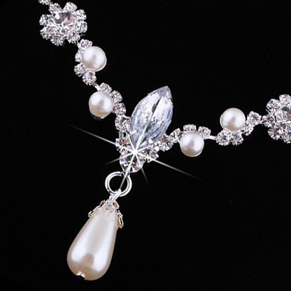 Bridal Wedding Imitation Pearl Rhinestone Necklace Water Drop Earrings Set Image 4