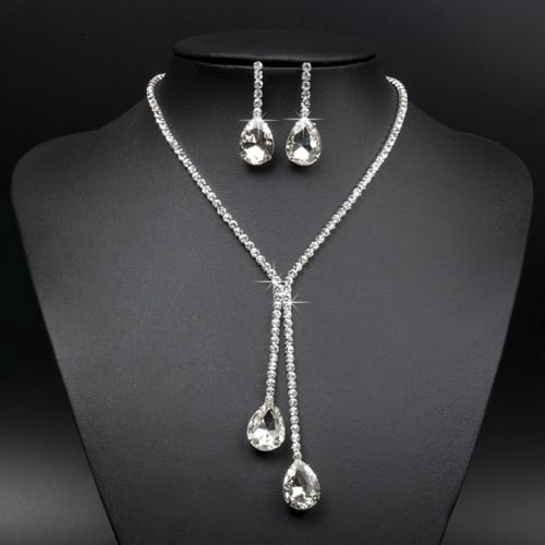 Bridal Wedding Party Rhinestone Waterdrop Pendant Necklace Earrings Jewelry Set Image 1