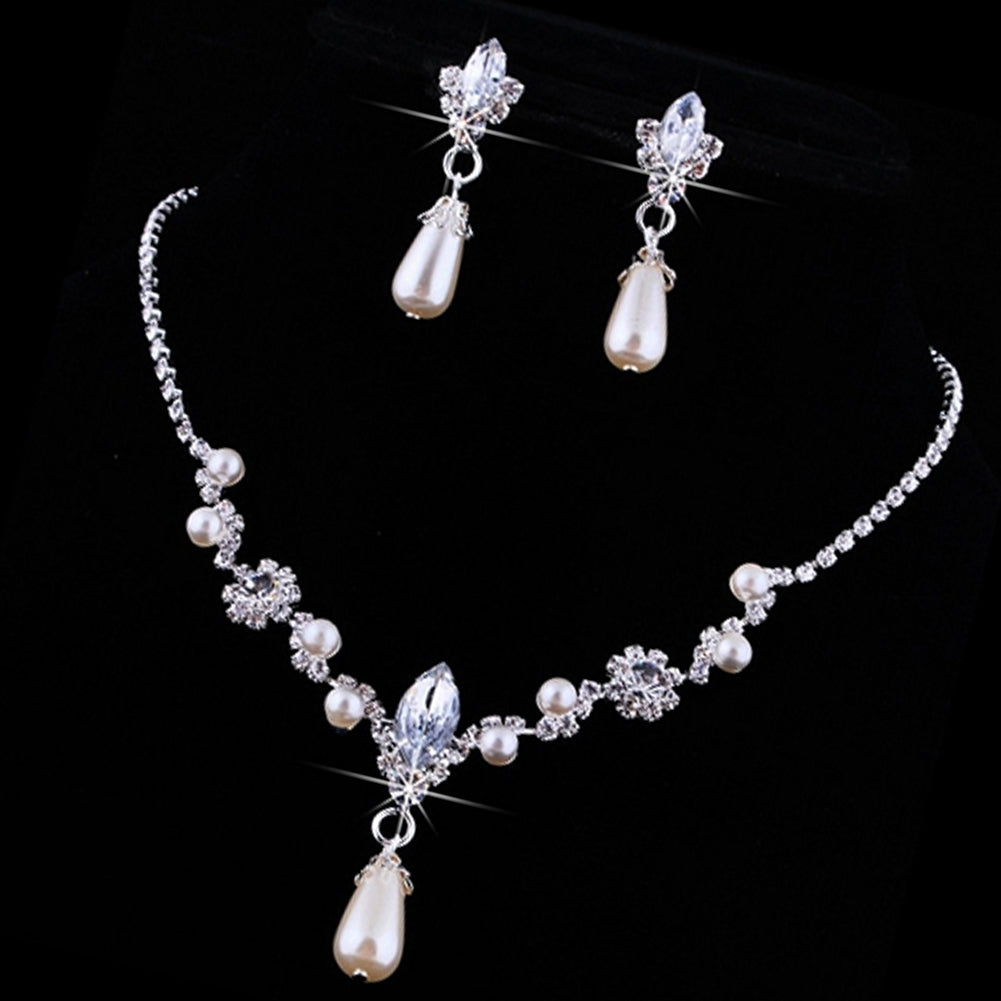 Bridal Wedding Imitation Pearl Rhinestone Necklace Water Drop Earrings Set Image 6