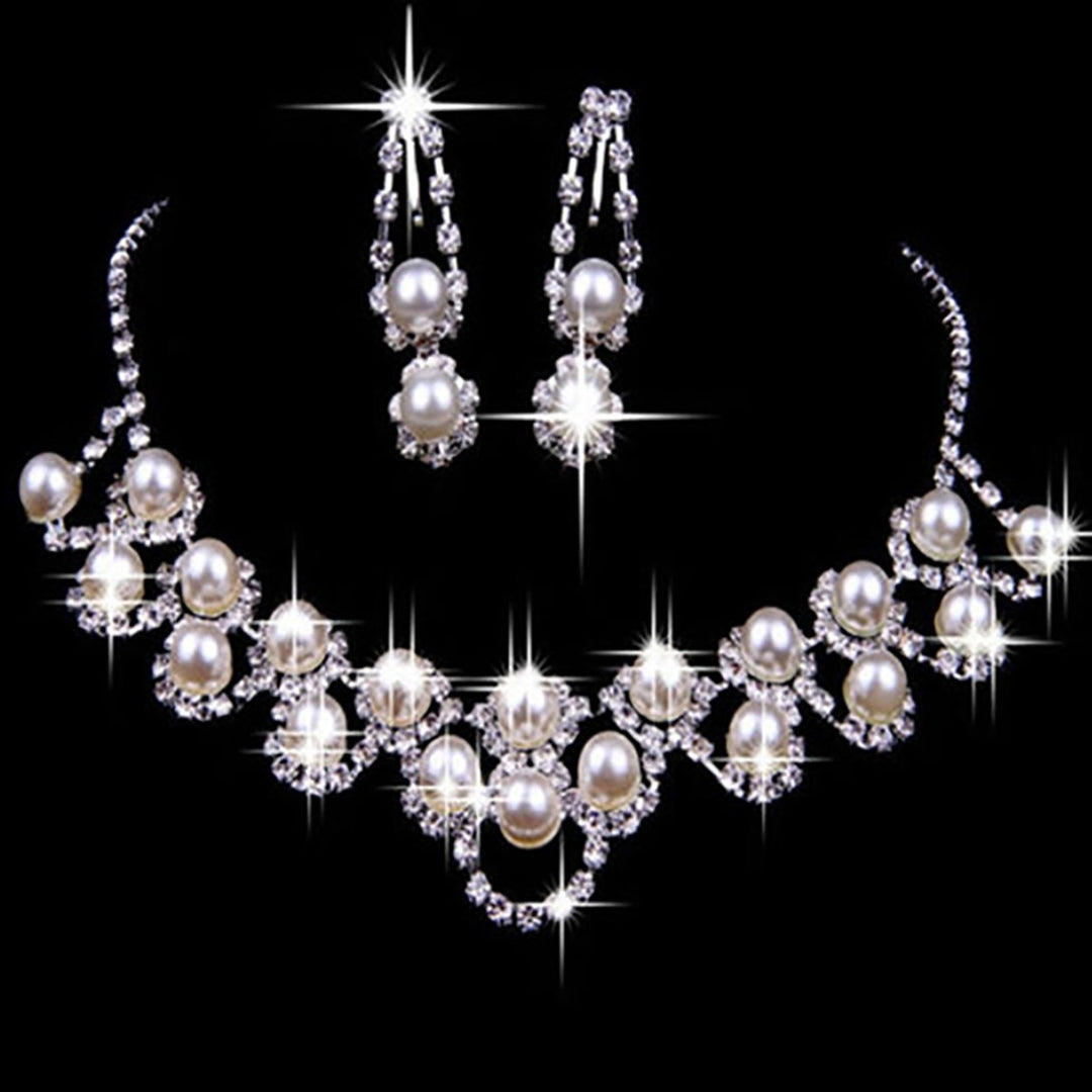 3Pcs Engagement Jewelry Set Faux Pearls Decor Shiny Women Necklace Earrings Jewelry Set for Wedding Image 1