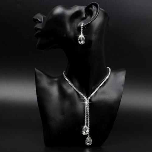 Bridal Wedding Party Rhinestone Waterdrop Pendant Necklace Earrings Jewelry Set Image 4