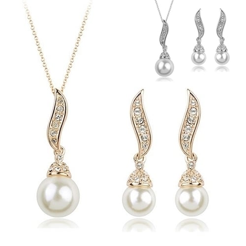 Fashion Womens Rhinestone Faux Big Pearl Drop Earrings Necklace Jewelry Sets Image 1