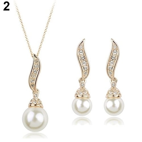 Fashion Womens Rhinestone Faux Big Pearl Drop Earrings Necklace Jewelry Sets Image 3