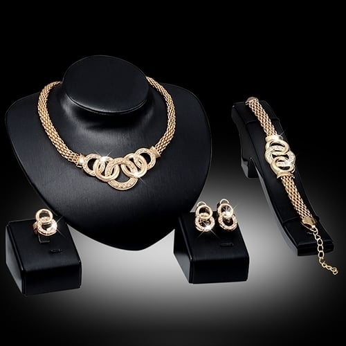 Women Bridal Crystal Choker Necklace Earring Bracelet Chandelier Ring Jewelry Set Image 1